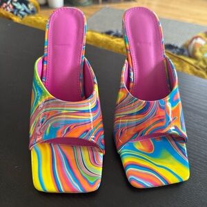 Colorful Swirl Open-Toe Slide Heels - Pink Insole